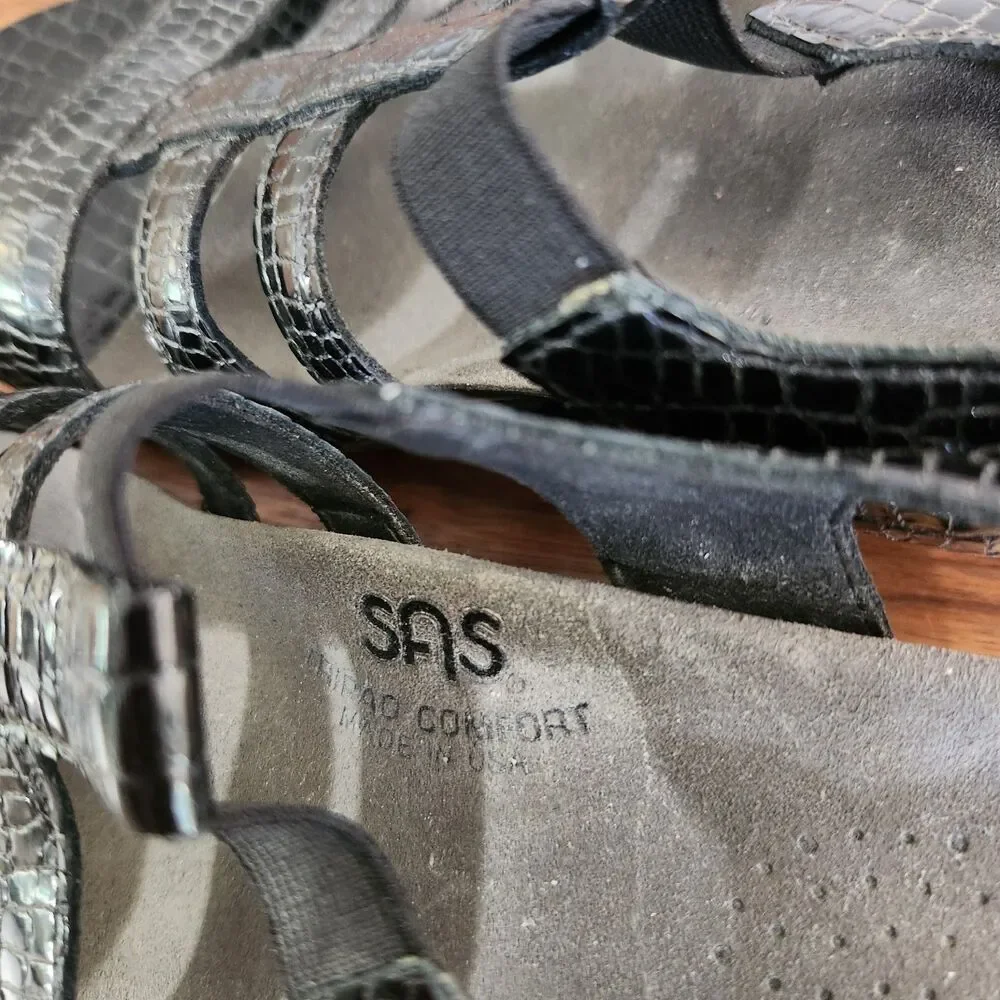 SAS Allegro Black Leather Heeled Sandal Croc Animal Alligator Print Strappy 7.5